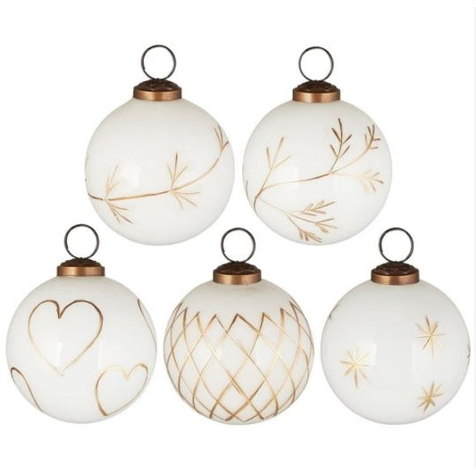 Ib Laursen Weihnachtskugel weiß mit goldfarbener Eingravierung - 3-er Zweig