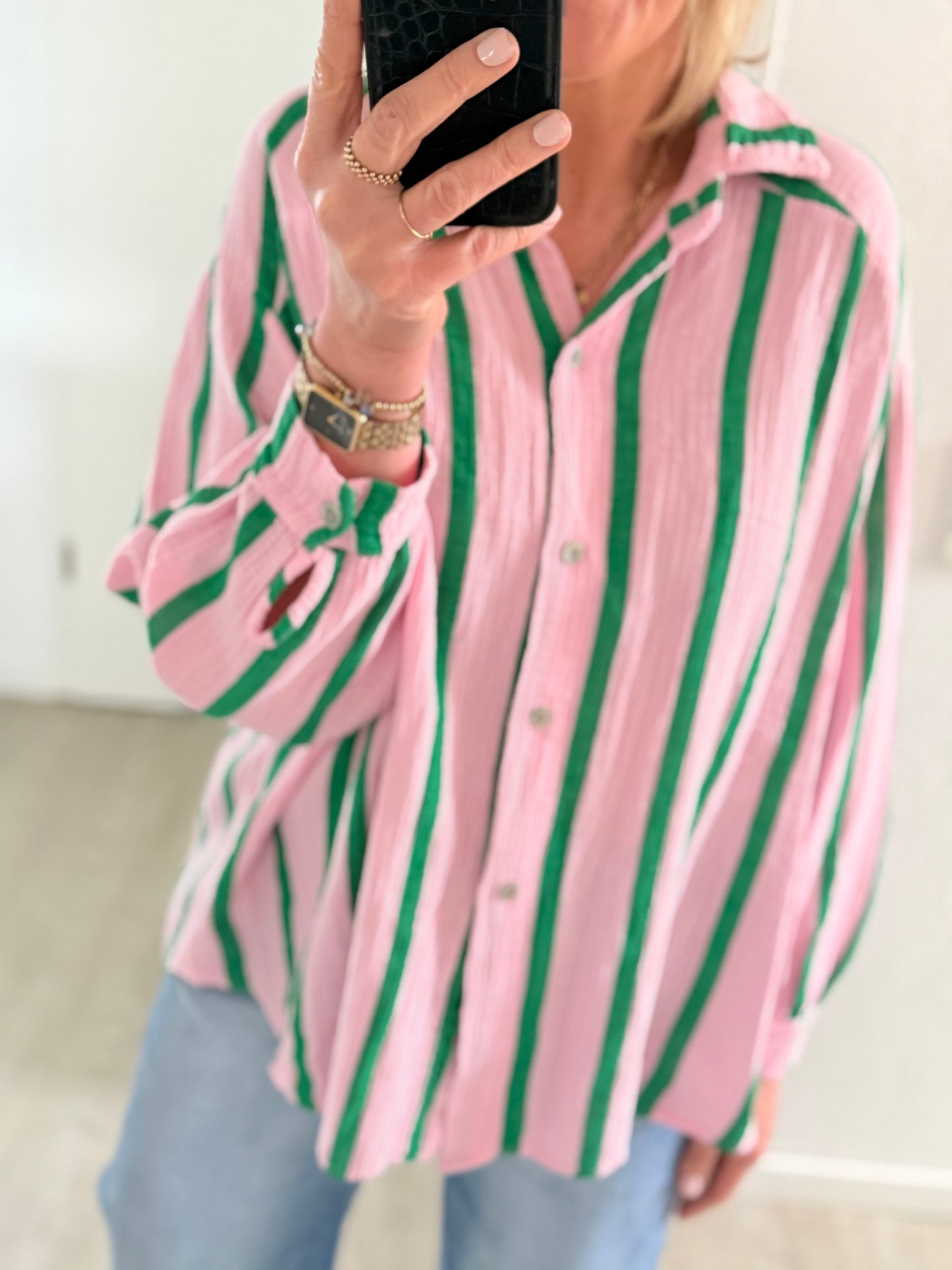 Musselin Bluse - rosa/grün