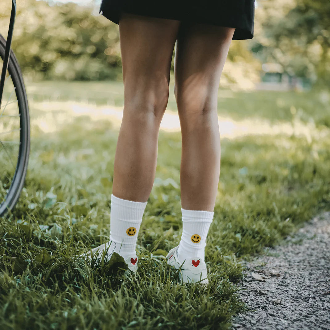 Eulenschnitt Socken Smiley gelb