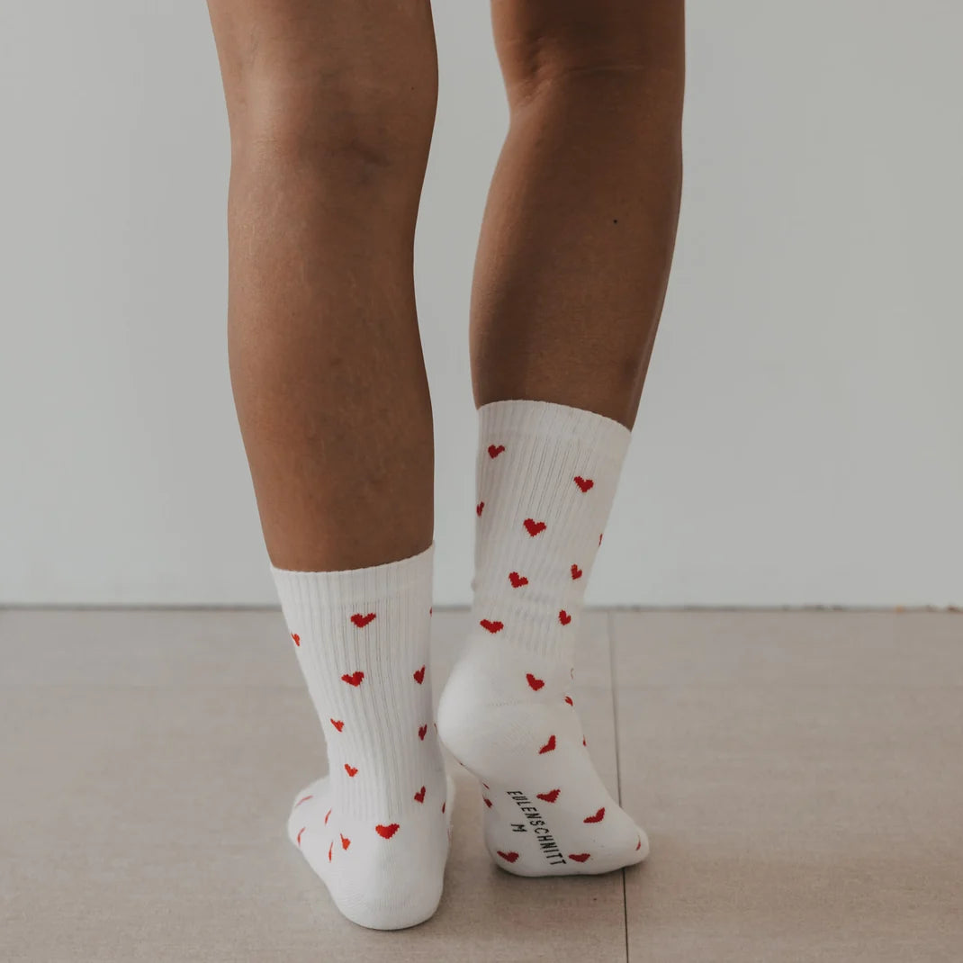 Eulenschnitt Socken Allover Herzen rot - S