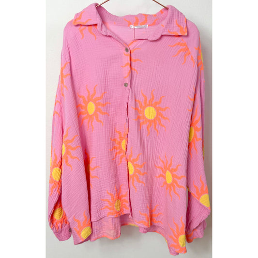 Musselin Bluse mit Sonnen -rosa/neonorange