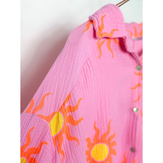Musselin Bluse mit Sonnen -rosa/neonorange