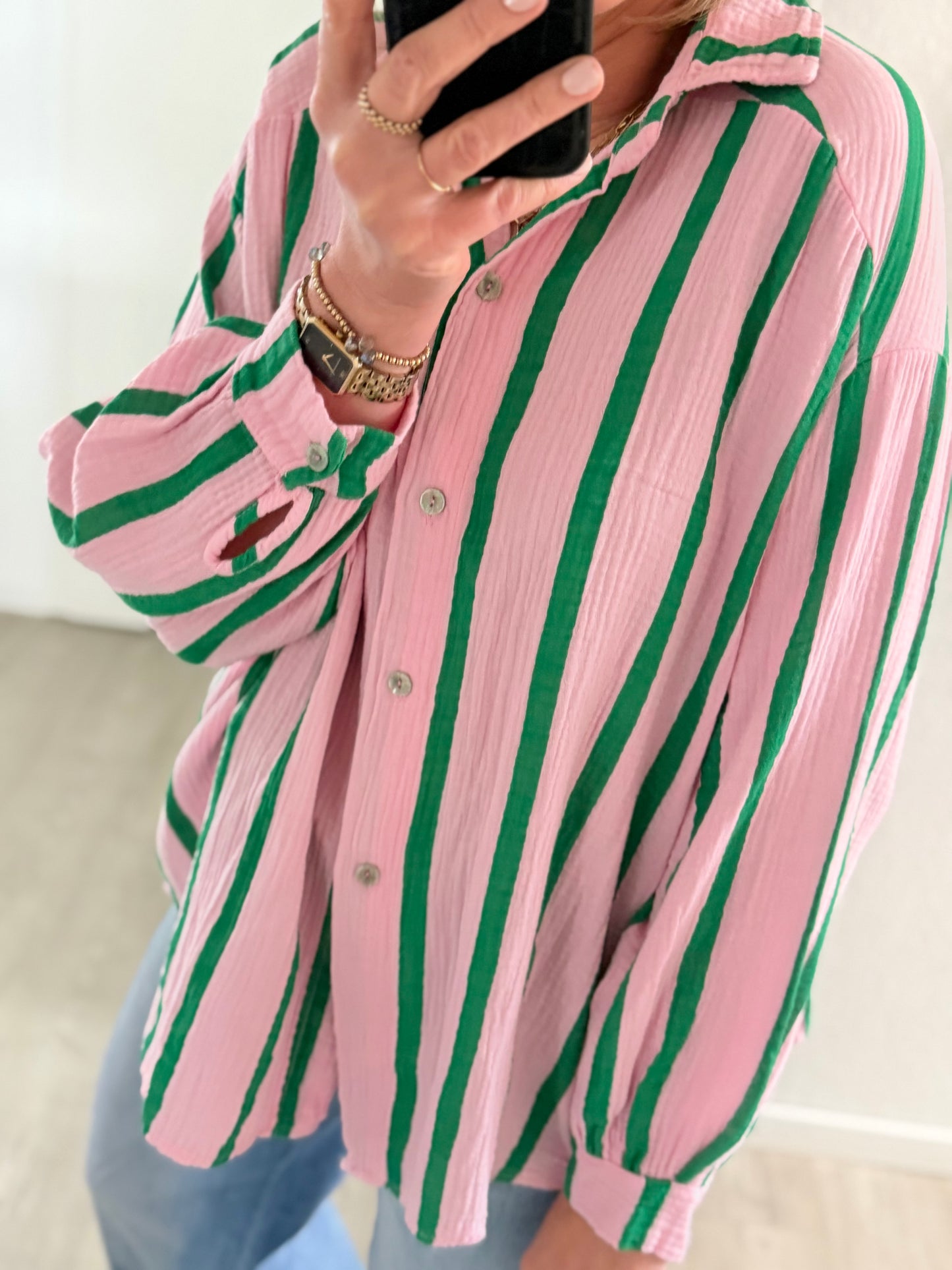 Musselin Bluse - rosa/grün