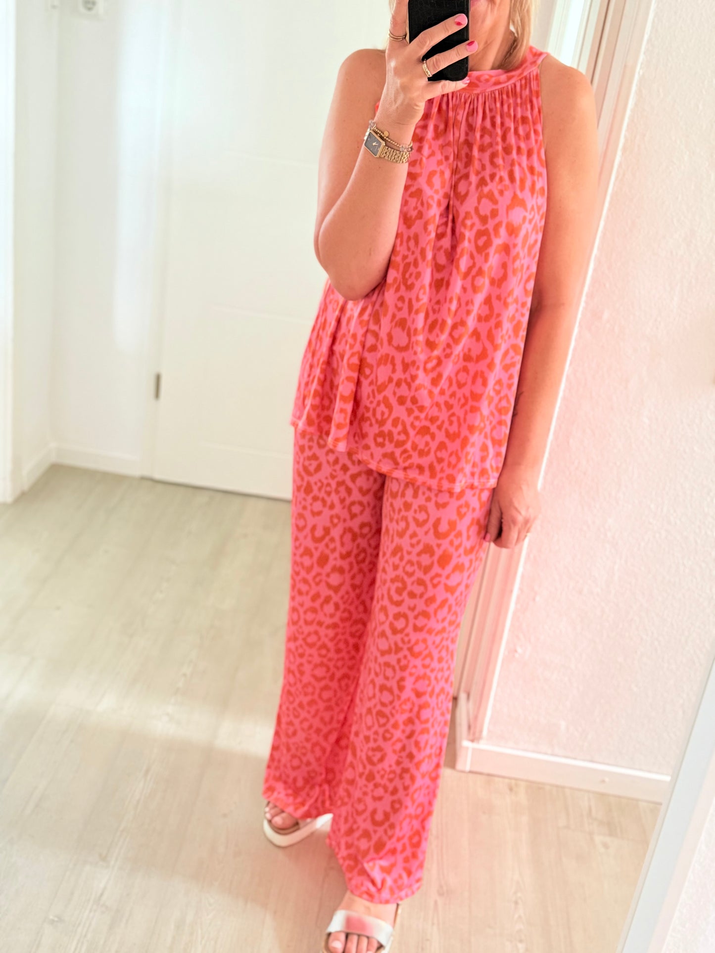 Neckholder Top mit Leo Muster - rosa orange