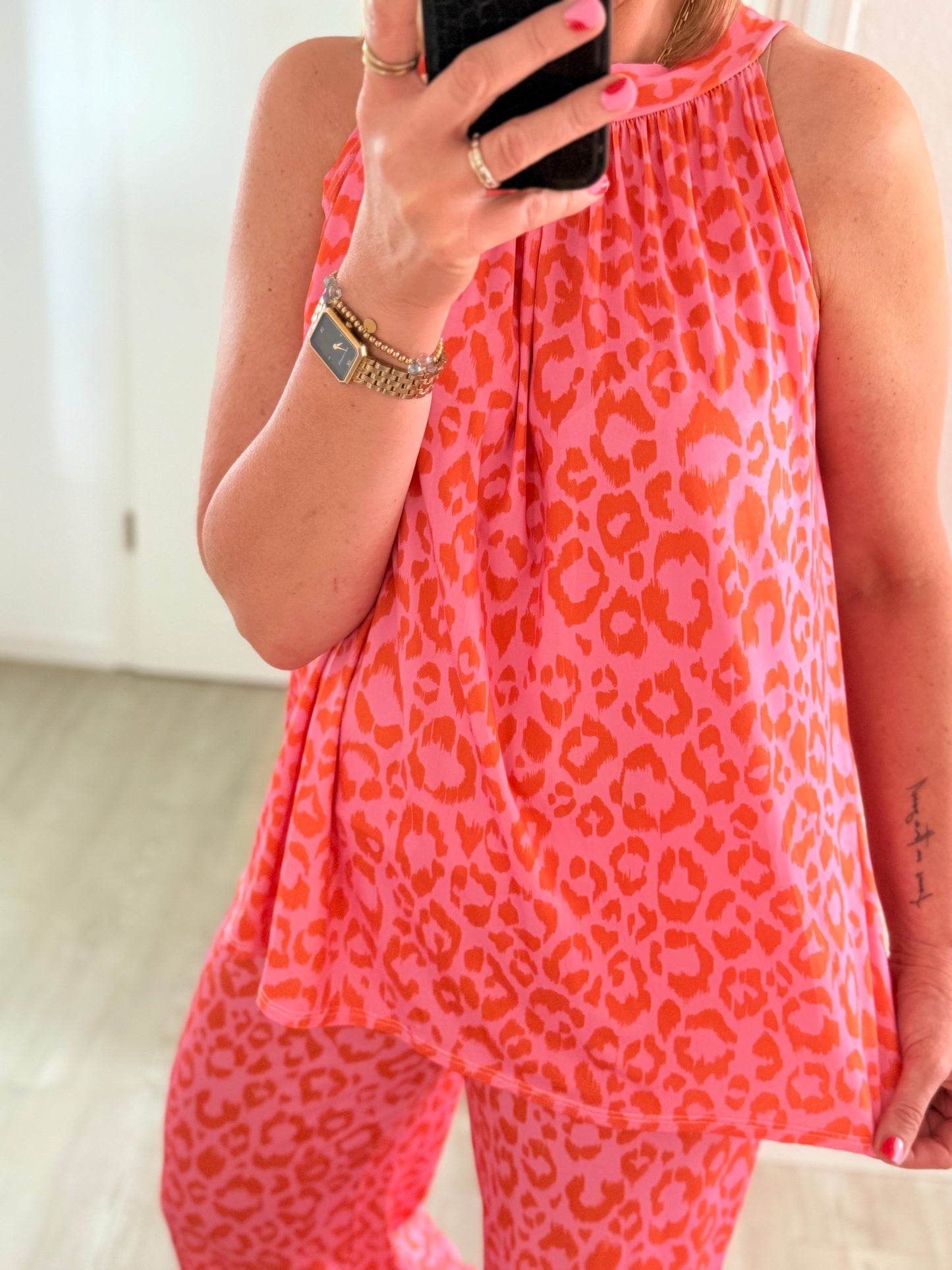 Neckholder Top mit Leo Muster - rosa orange