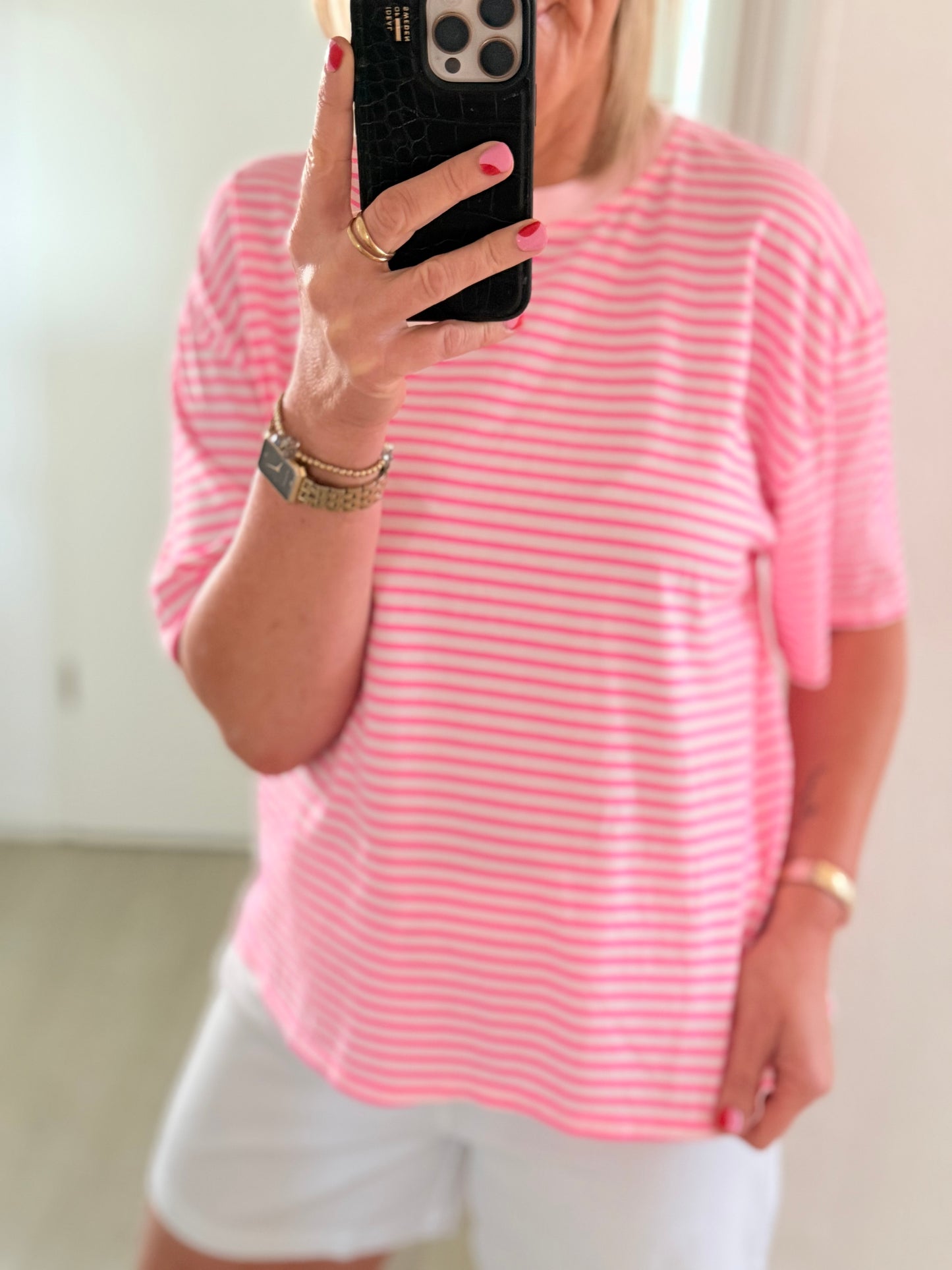 T-Shirt gestreift - neonpink