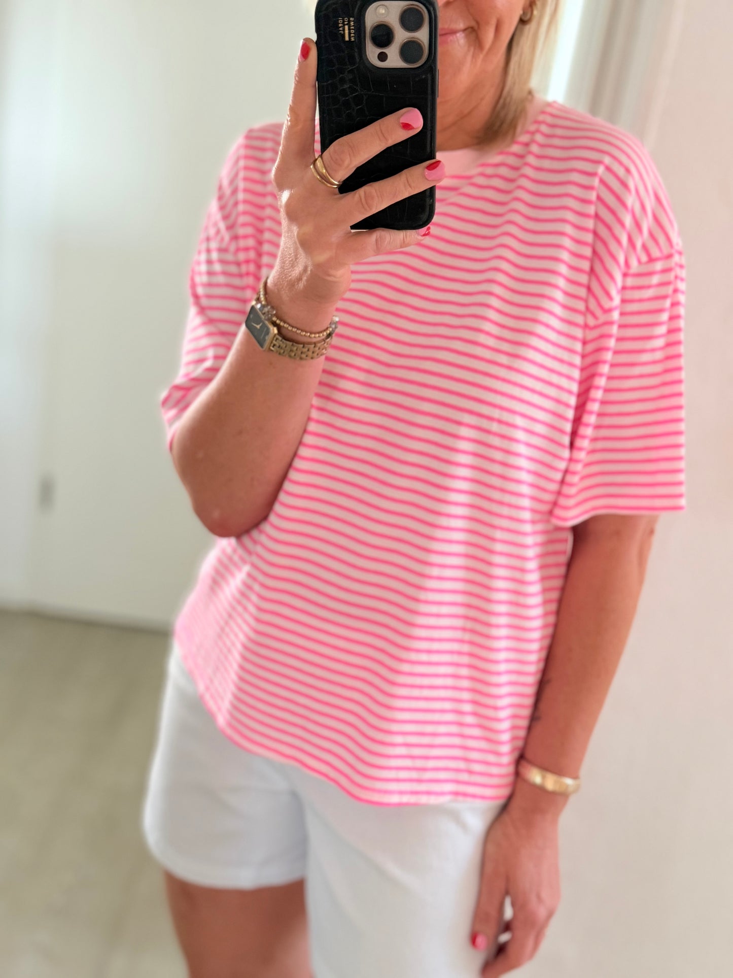 T-Shirt gestreift - neonpink