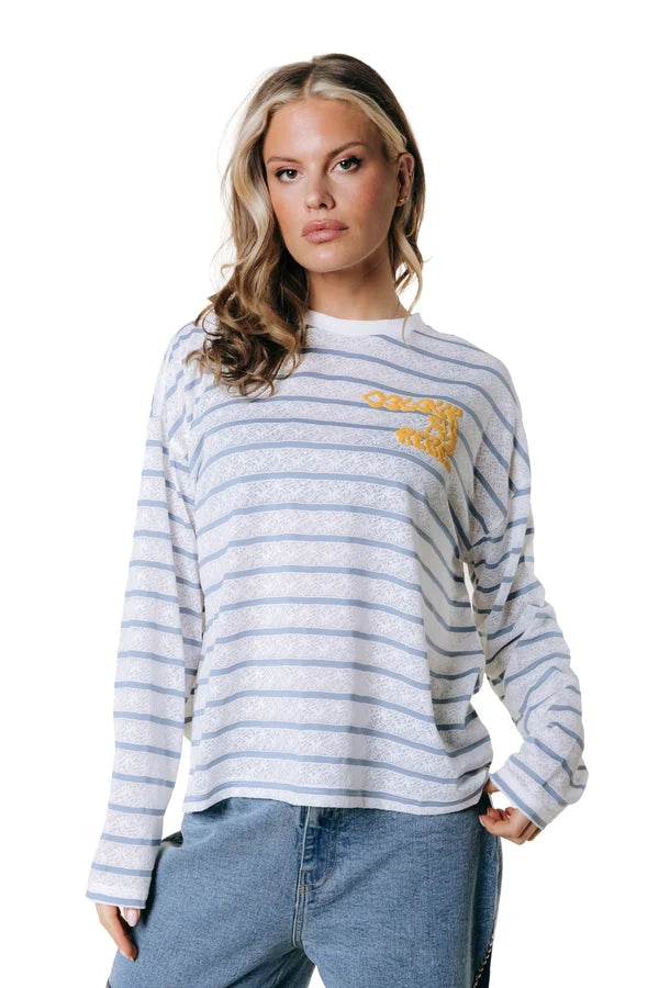 Colourful Rebel Gestreiftes Spitzen-Langarmshirt