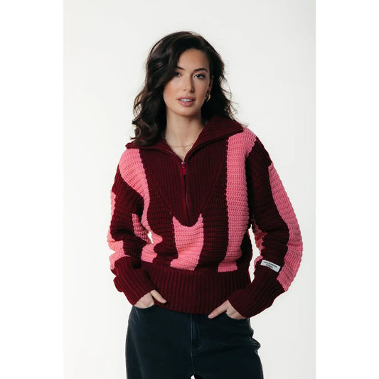 Colourful Rebel Yfke Stripe Zip Knit -pink rot