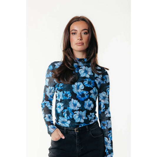 Colourful Rebel Neyo Flower Mesh Turtleneck Shirt - blue