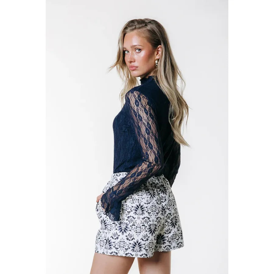 Colourful Rebel Nena Lace High Neck Top - navy
