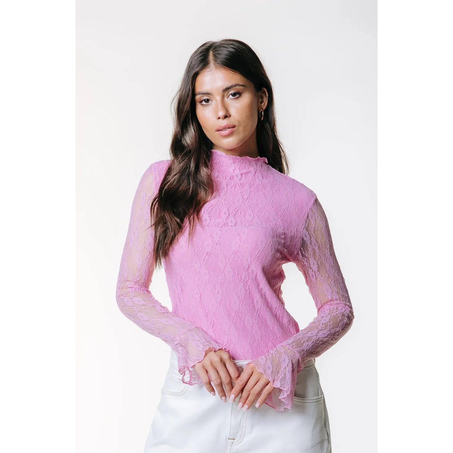 Colourful Rebel Nena Lace High Neck Top - light pink