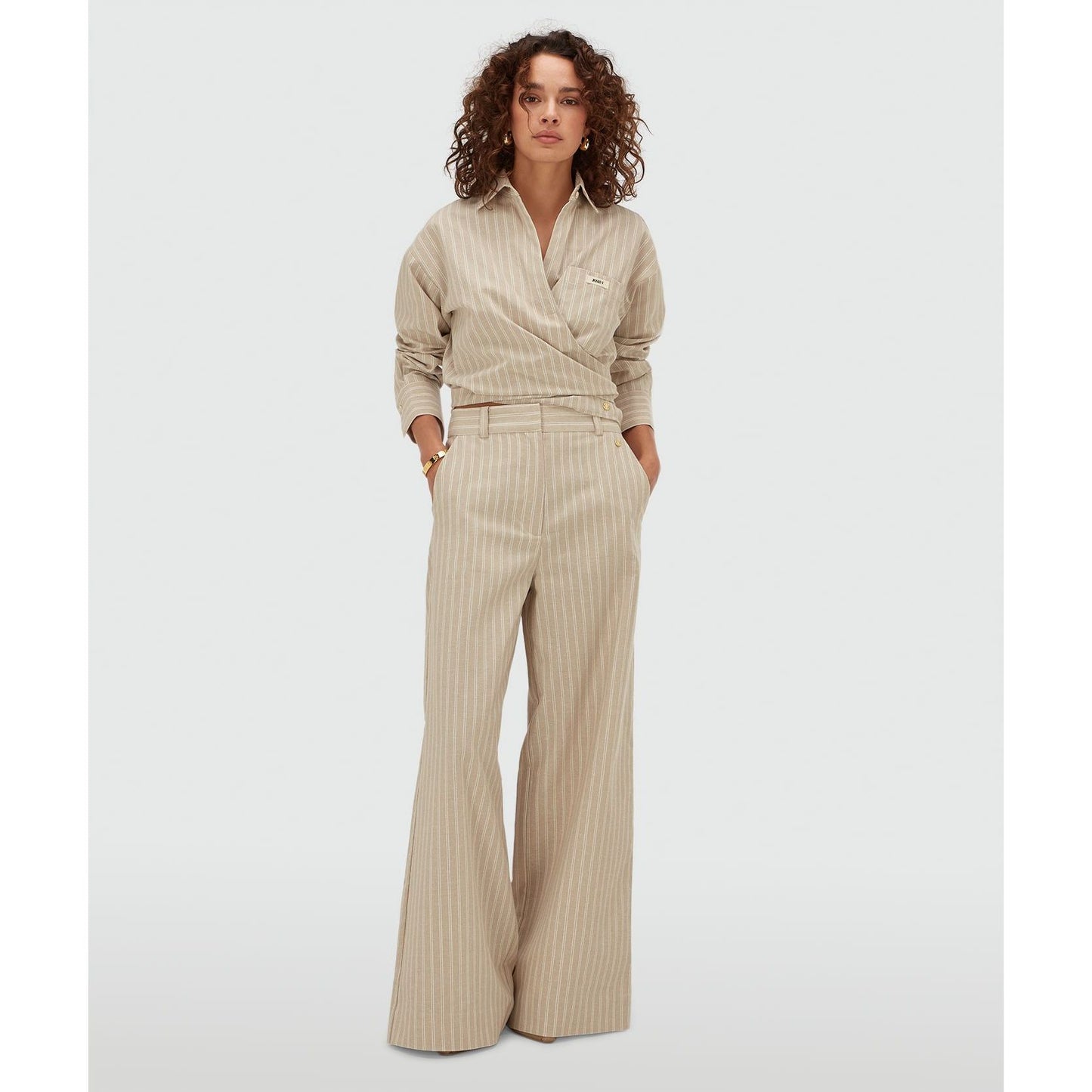 JOSH V Mid-Rise Wide-Leg-Hose - stone stripe