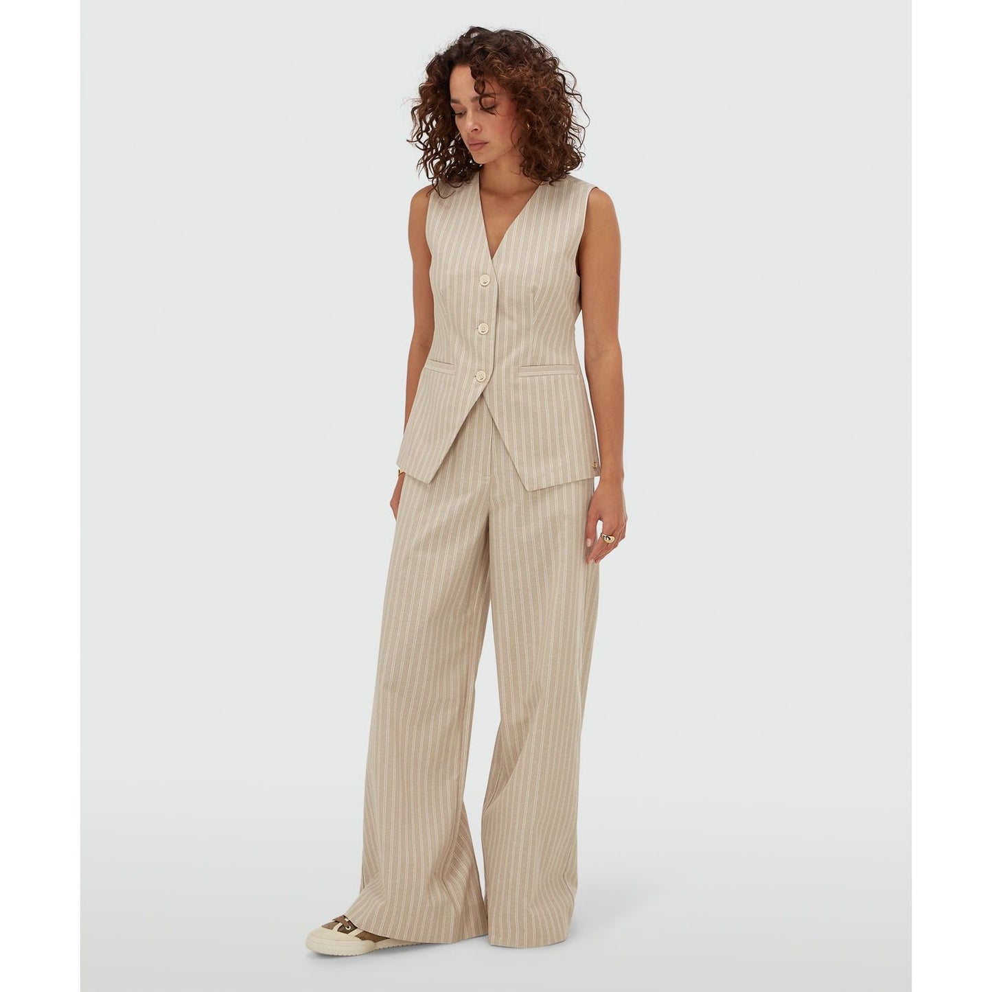 JOSH V Mid-Rise Wide-Leg-Hose - stone stripe