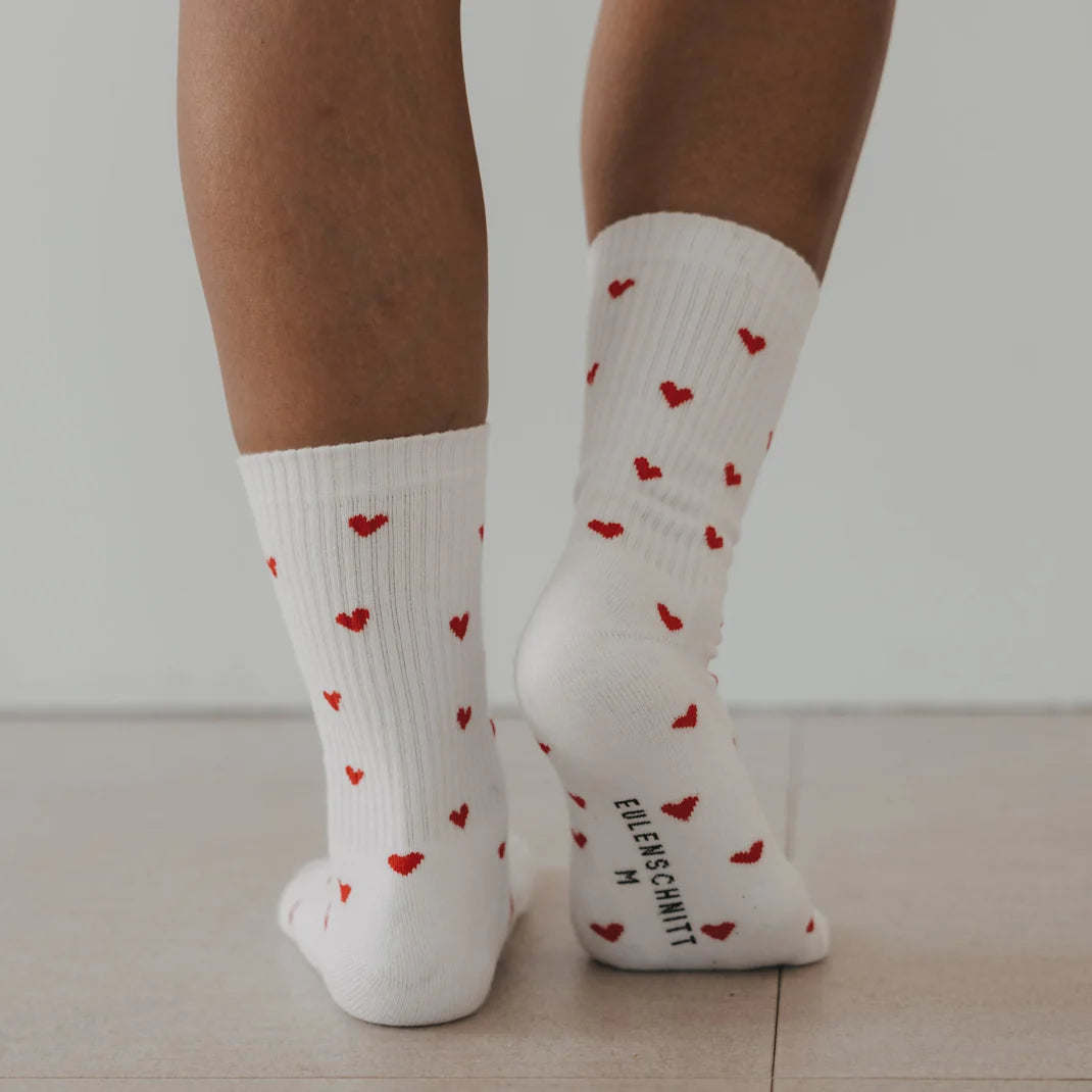 Eulenschnitt Socken Allover Herzen rot - S