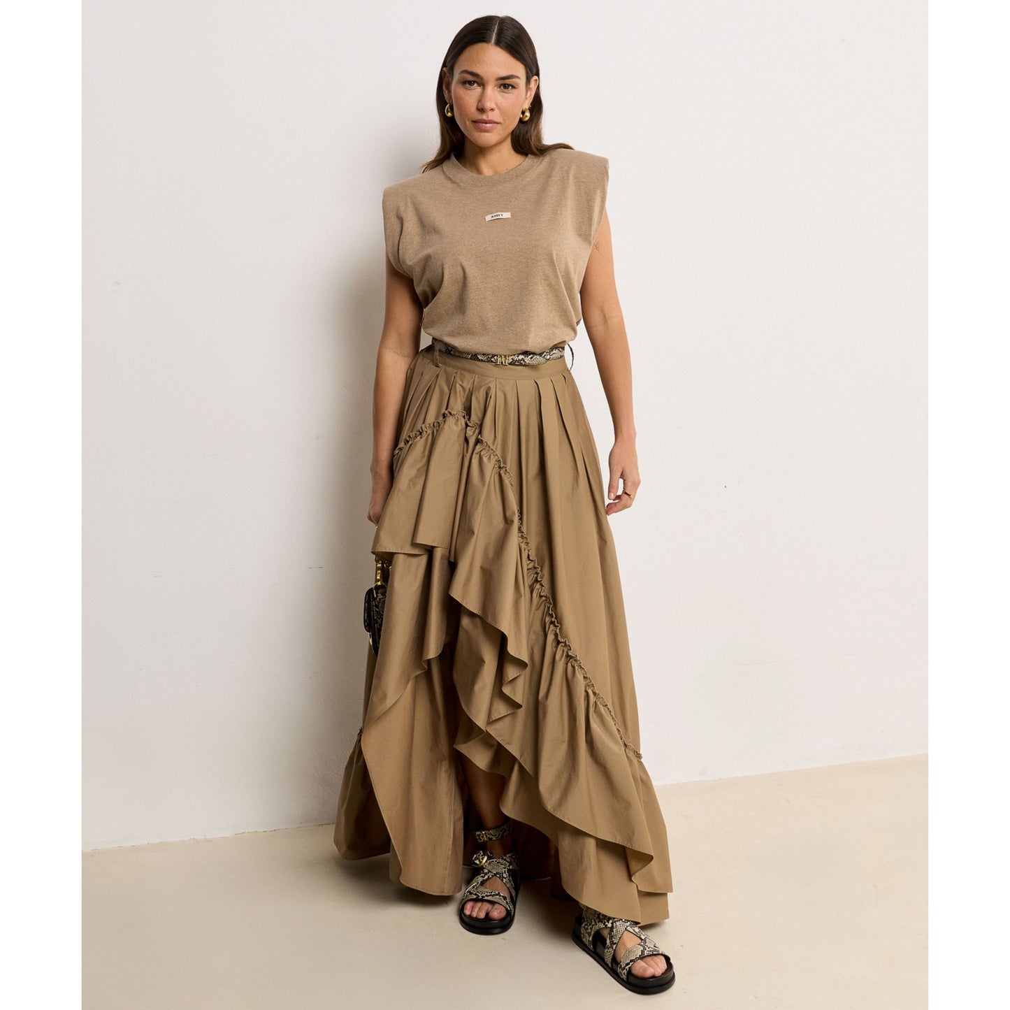 JOSH V SUE T-Shirt in Regular Fit mit Schulterpolstern - light khaki melange