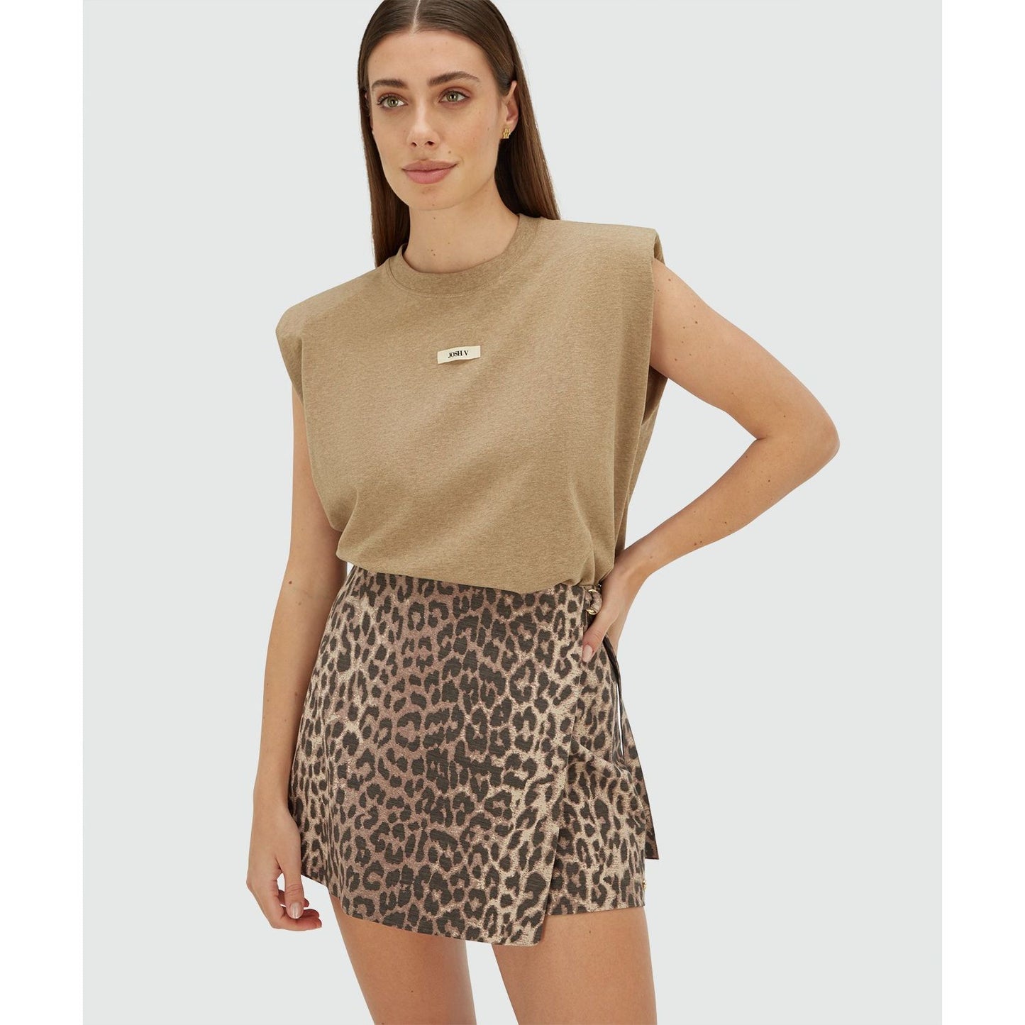 JOSH V SUE T-Shirt in Regular Fit mit Schulterpolstern - light khaki melange